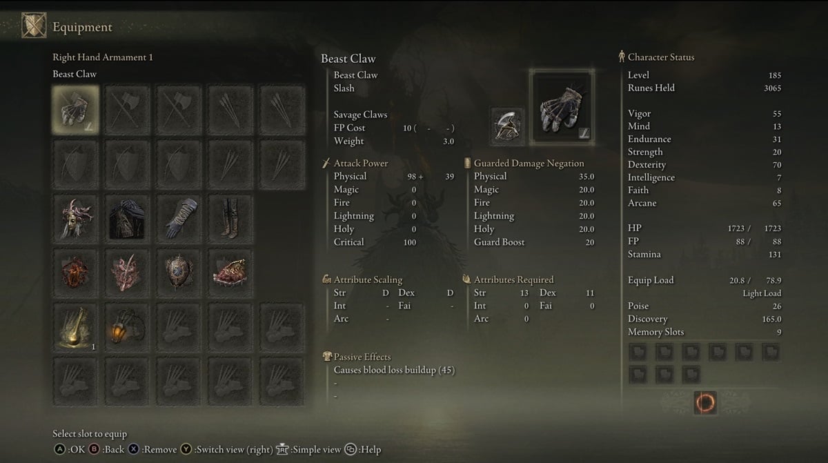 Weapon showcase of the Beast Claw in Elden Ring