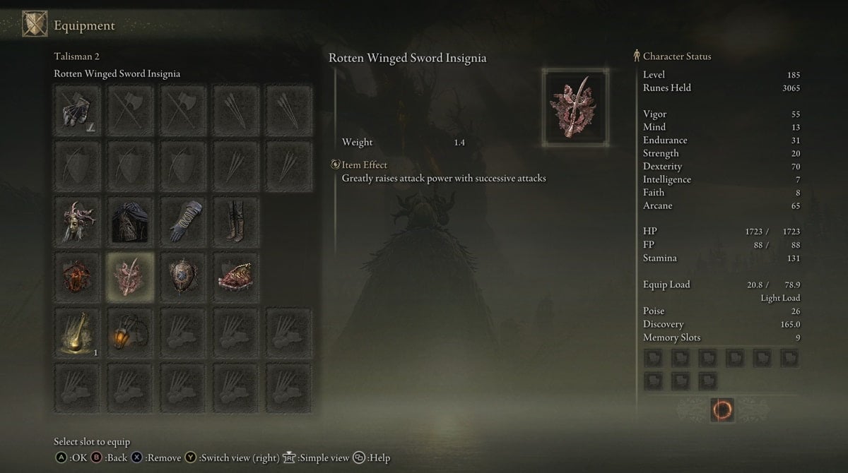 Talisman showcase of the Rotten Winged Sword Insignia in Elden Ring