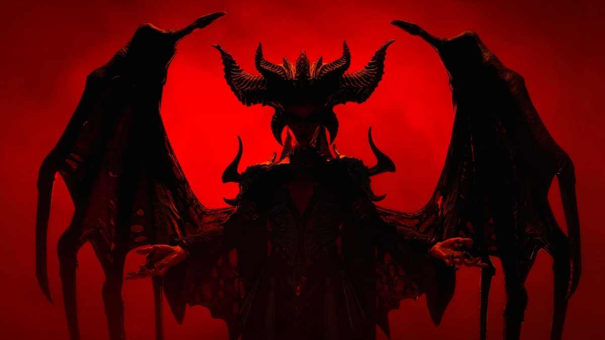 The dark silhouette of a demonic woman with horns and bat-like wings against a red background