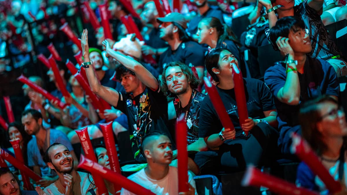 LEC Fans support their teams during the 2023 League of Legends EMEA Championship Series Season Finals at Sud de France Arena.