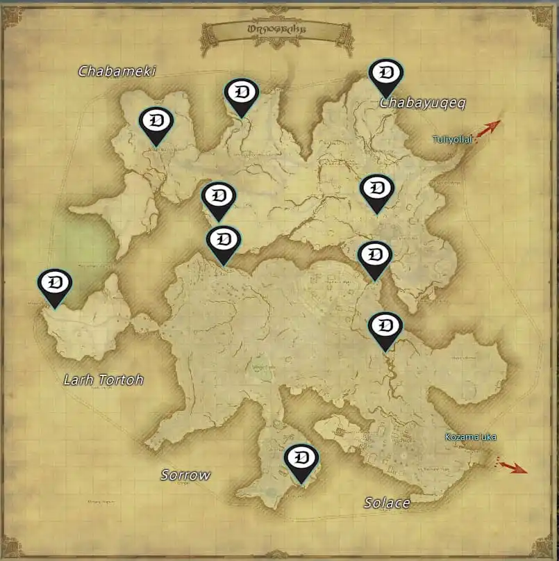 A mapo of Urqopacha with Aether Current locations marked in in Final Fantasy XIV.