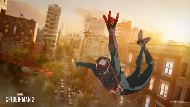 Animated Suit Miles Morales swinging through the city, with his left hand making a gesture.