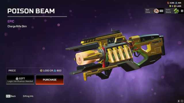 The Poison Beam Charge Rifle skin from the Apex Legends Double Take event.