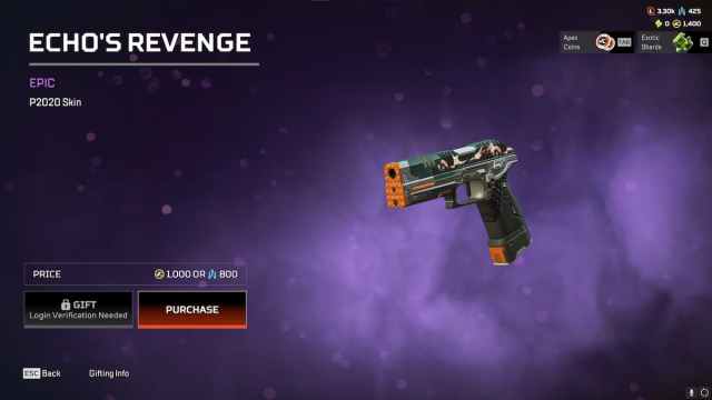 The Echo's Revenge P2020 skin from the Apex Legends Double Take event.