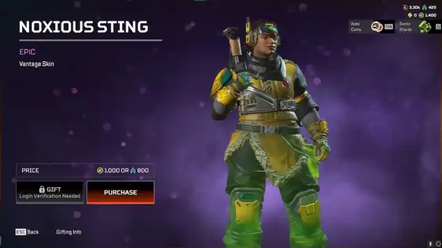 The Noxious Sting Vantage skin from the Apex Legends Double Take event.