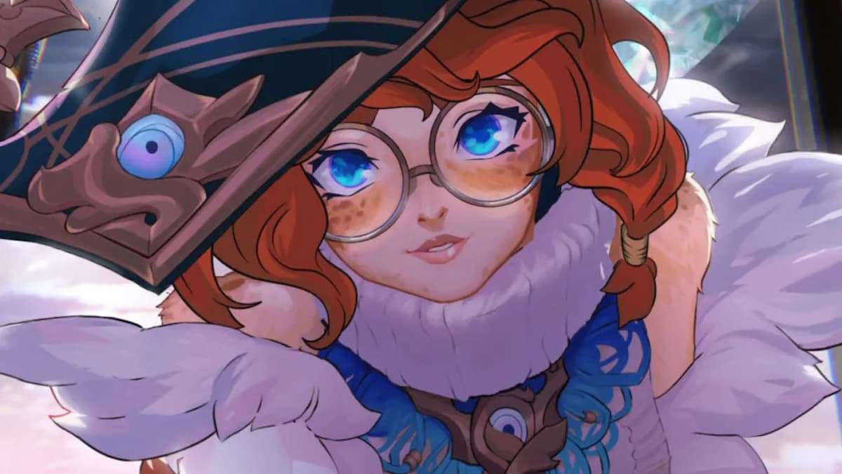 Close-up headshot look at new LoL champion Aurora, with red hair and wearing glasses.
