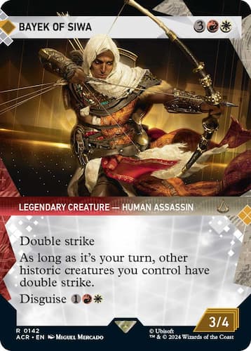 Bayek drawing an arrow in MTG Assassin's Creed set