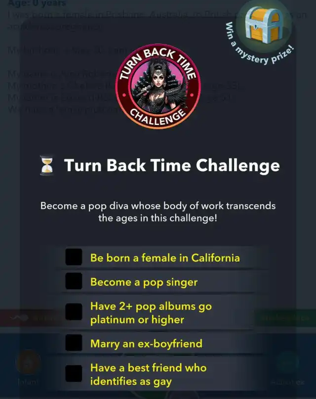 Picture of all the requirments for completing the the Turn Back Time Challenge in Bitlife.