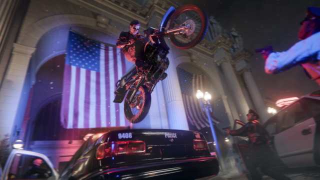 A character in Black Ops 6 jumping a police car on a bike.