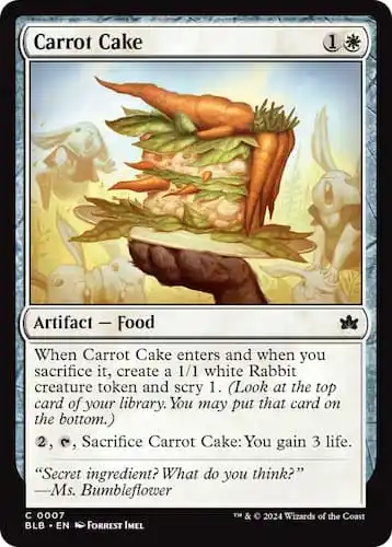 Youngling rabbits scrambling to get carrot cake in Bloomburrow MTG set