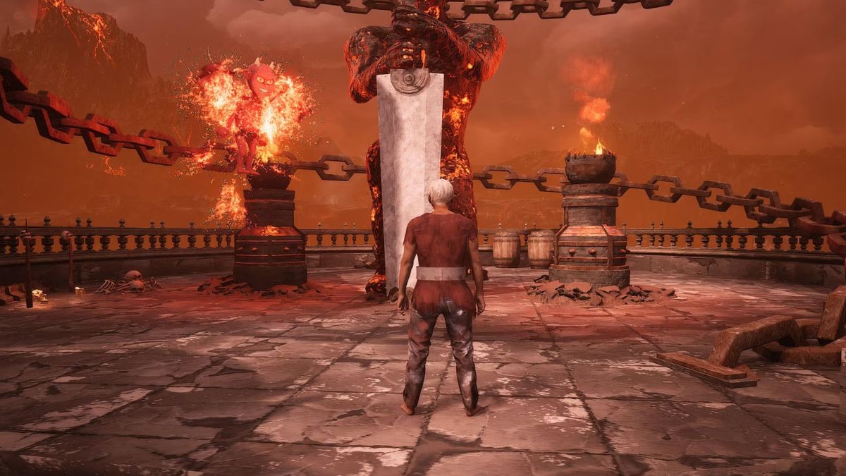 A player standing in hell in chained together landscape