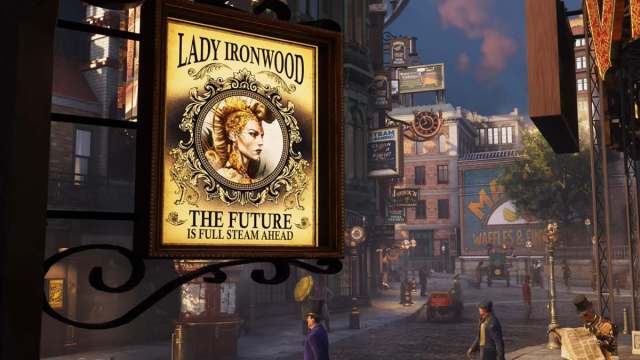 Lady Ironwood display with town centre in background for the Clockwork Revolution trailer