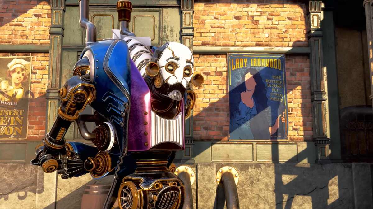 Avalon robot with Lady Ironwood poster in the background in Clockwork Revolution trailer
