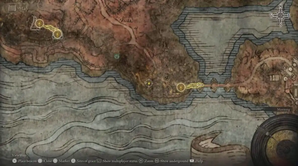 A map image showcasing the player's location in Caelid in Elden Ring