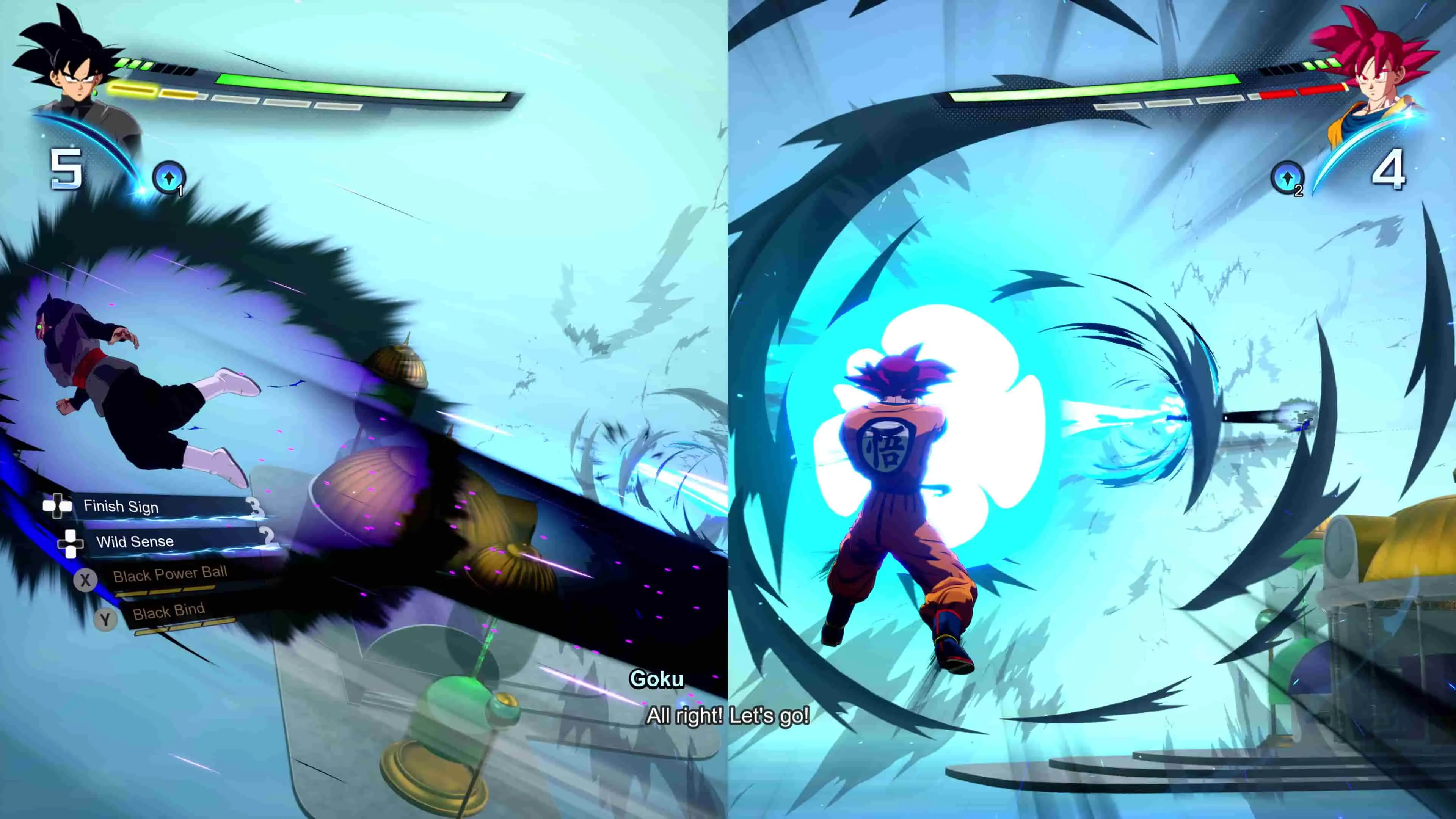 A split-screen battle in Dragon Ball: Sparking! Zero.
