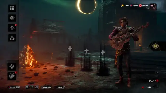 An image from the Dead By Daylight Lobby screen, showcasing Asteri wielding her trusty lute to play a tune.