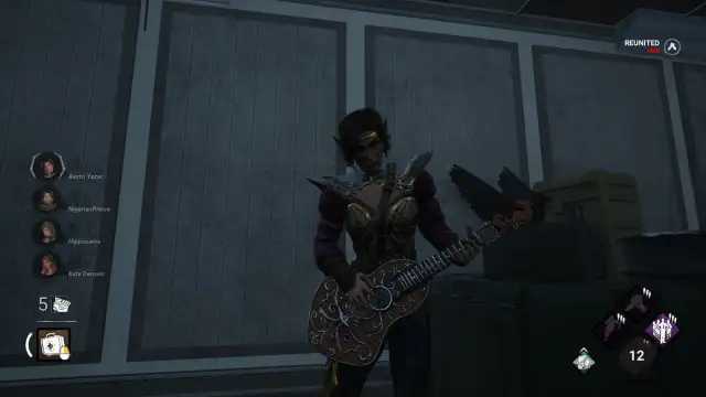 An image from Dead By Daylight of Aestri using the Bardic Inspiration perk, where she pulls out a lute and plays a song to inspire survivors.
