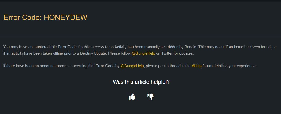 Destiny 2 Honeydew error code, explained