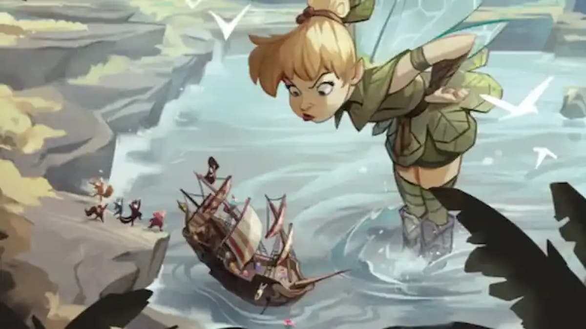 Giant Tinker Bell hovering over pirate ship in Disney Lorcana TCG