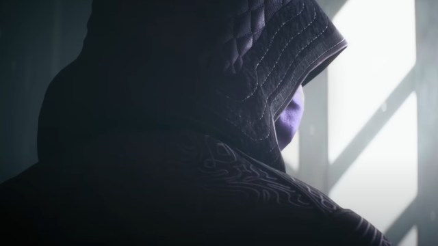 An image from Dragon Age: The Veilguard of the player character Rook, cloaked in a hood and mask.