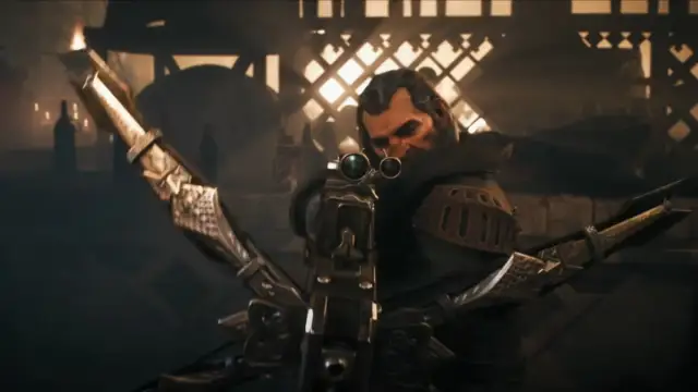 An image from Dragon Age: The Veilguard of Varric wielding his trusty crossbow Bianca.