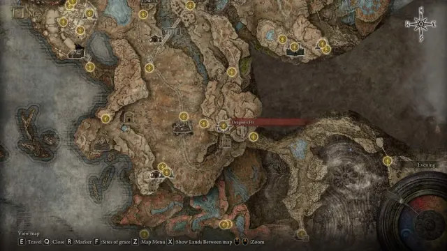 Dragon's Pit dungeon located on the map of Elden Ring Shadow of the Erdtree.