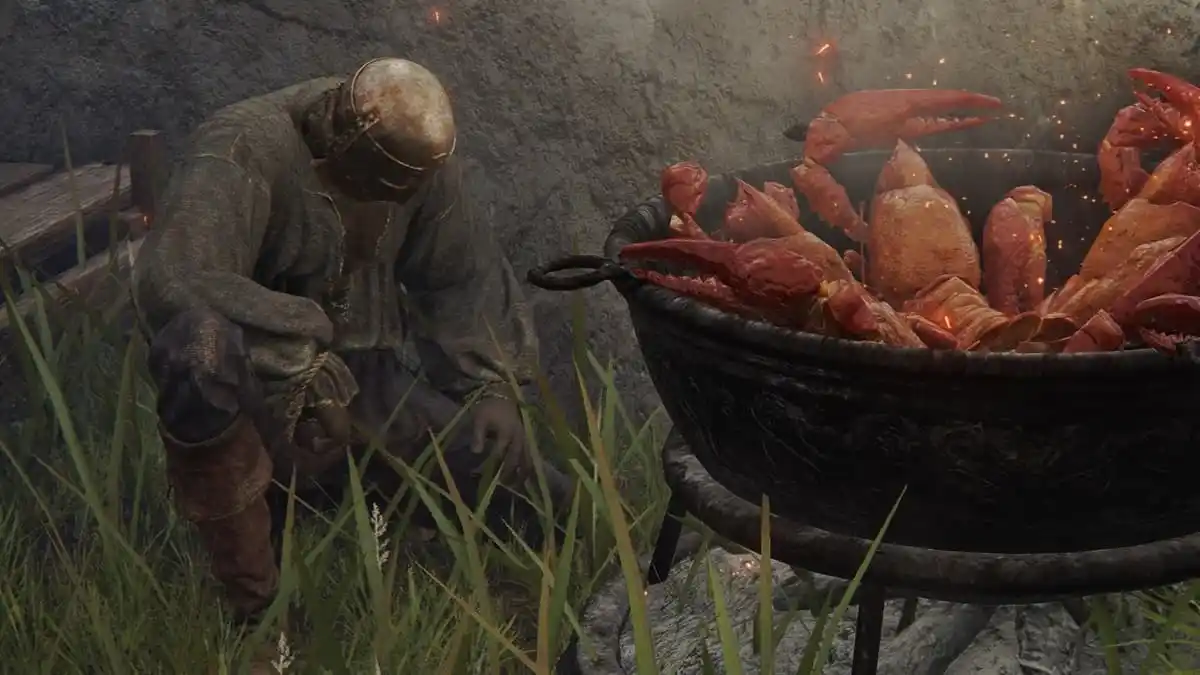 Blackguard Big Boggart cooking crabs in a pot in Elden Ring