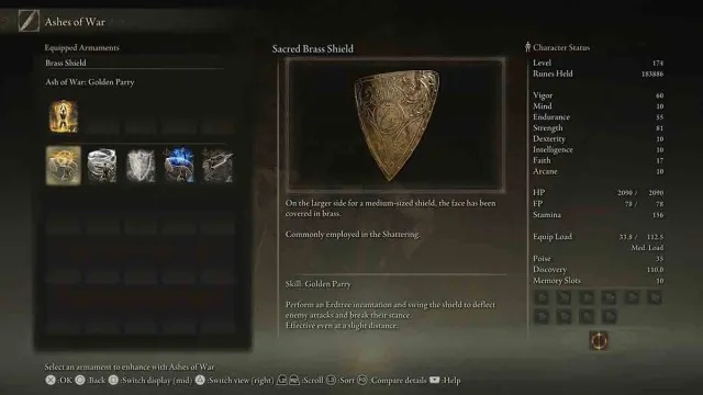 Brass Shield item and Golden Parry description in Elden Ring