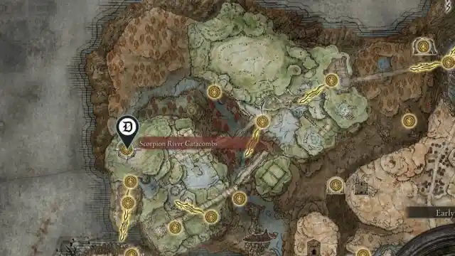 The Scorpion River Catacomb on the map in Elden Ring Shadow of the Erdtree.