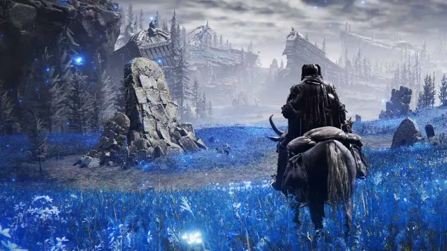 Elden Ring player character riding Torrent in the Cerulean Coast in Shadow of the Erdtree