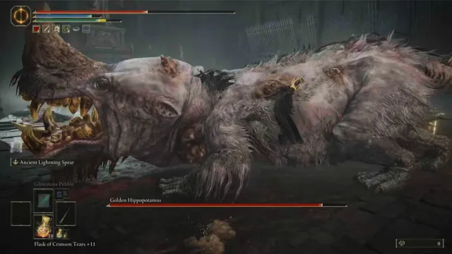 Performing a jumping heavy attack on the Golden Hippopotamus in Elden Ring Shadow of the Erdtree DLC