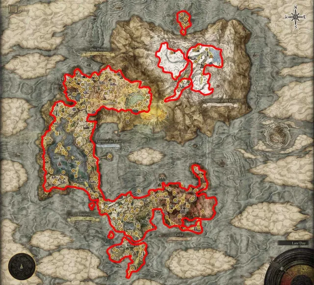 Elden Ring Lands Between map with playable area outlined