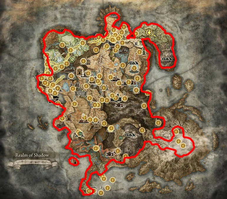 Elden Ring Land of Shadow map with playable area outlined