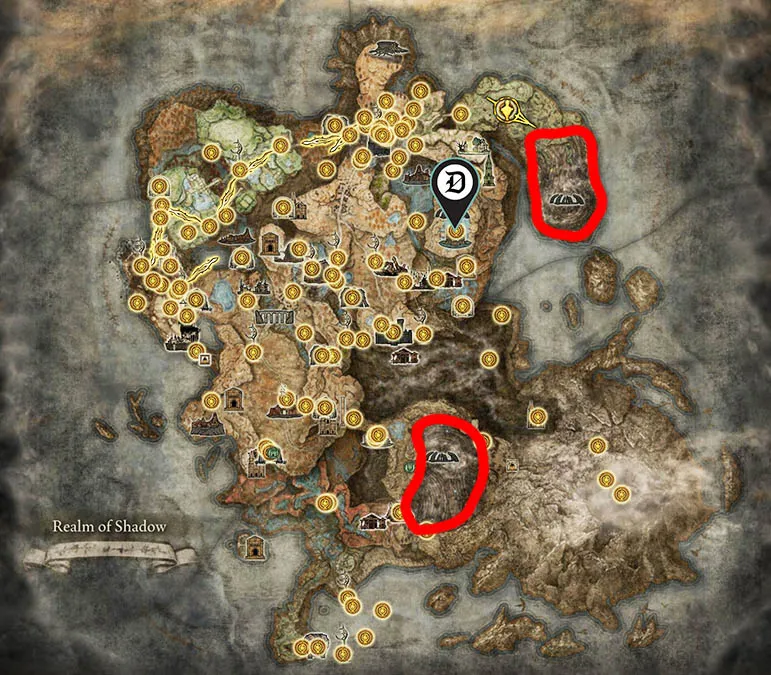Elden Ring Land of Shadow Map with Finger Ruins circled and Count Ymir marked with a map pin