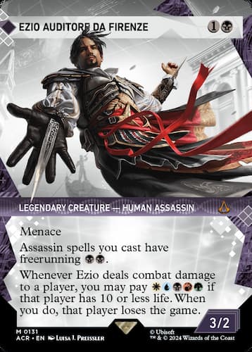 Ezio revealing hidden knife in MTG Assassin's Creed card