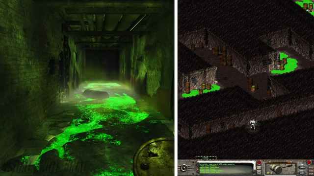 Irradiated tunnels in a side-by-side comparison. The left is Project Arroyo, the right is Fallout 2.