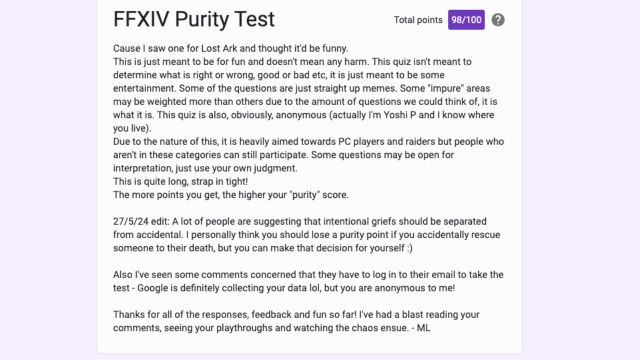 a score for the ffxiv purity test