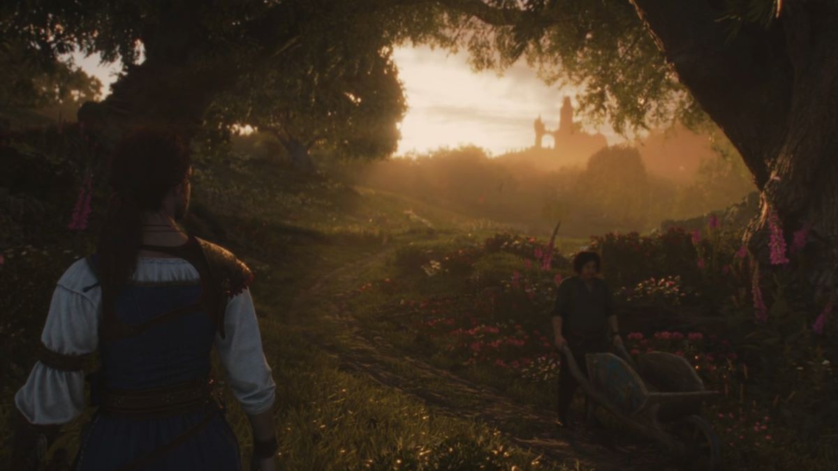 A screenshot from the Fable trailer that shows a character walking in a beautifully lit forest.