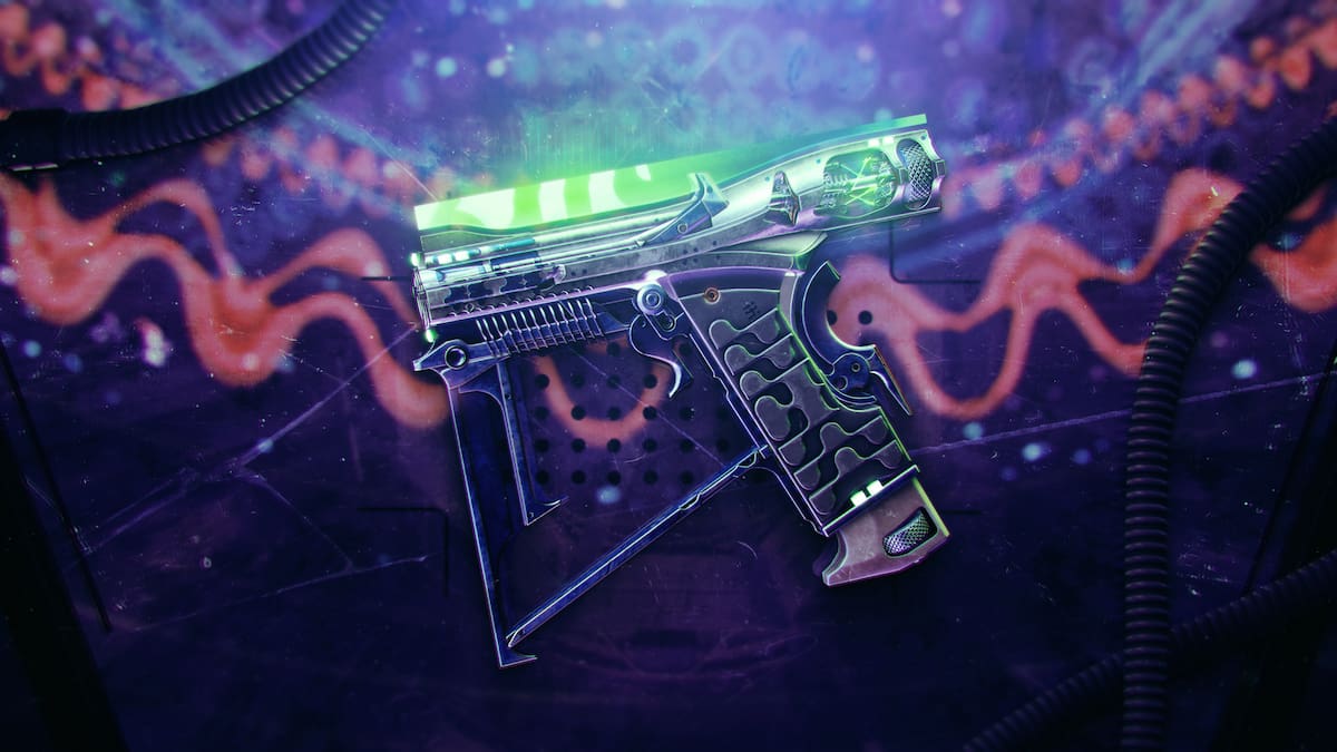 Final Warning Destiny 2 promo, showing a pistol on a purple and pink background.