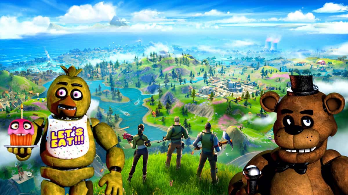 An image from that shows three Fortnite characters on a cliff, with Chica and Freddy Fazbear from Five Nights at Freddy's