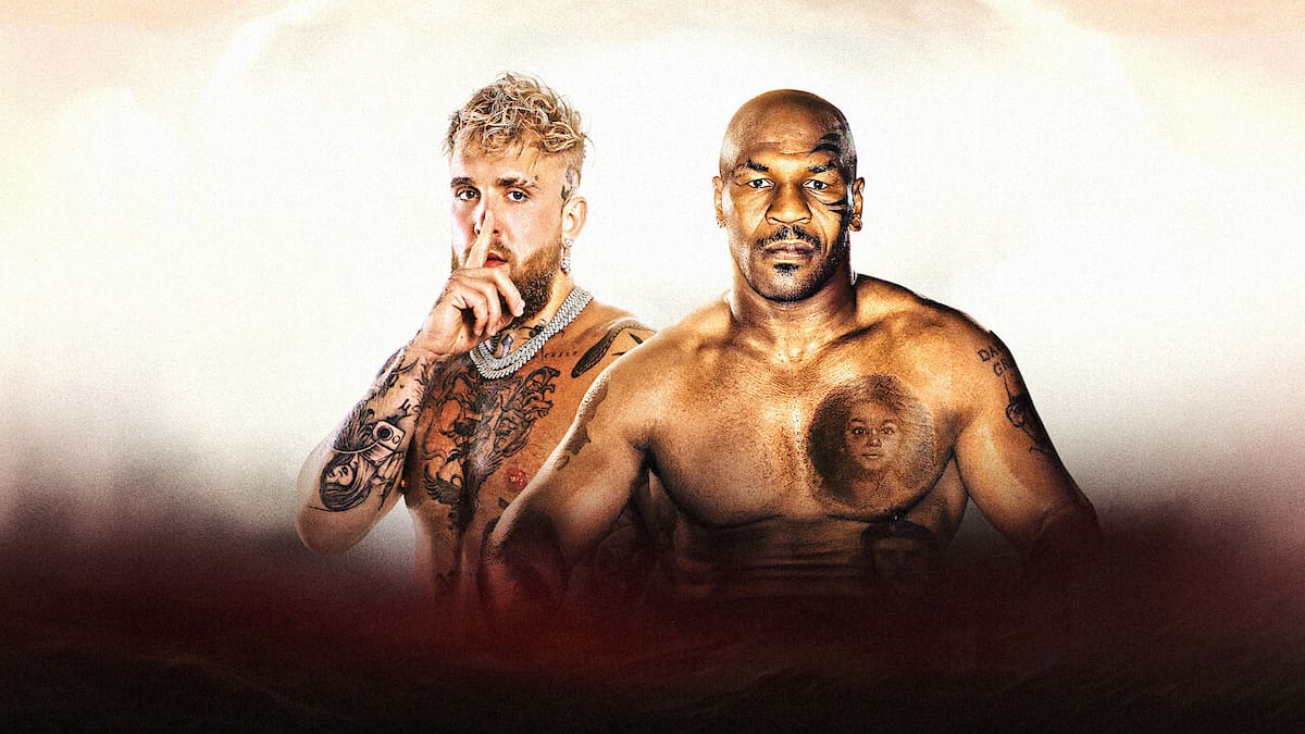 Jake Paul and Mike Tyson stand side-by-side as part of a promotional art piece.