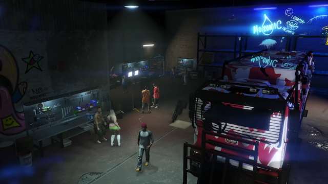 An image from GTA Online of the Acid Lab, which contains a large truck and neon lights.