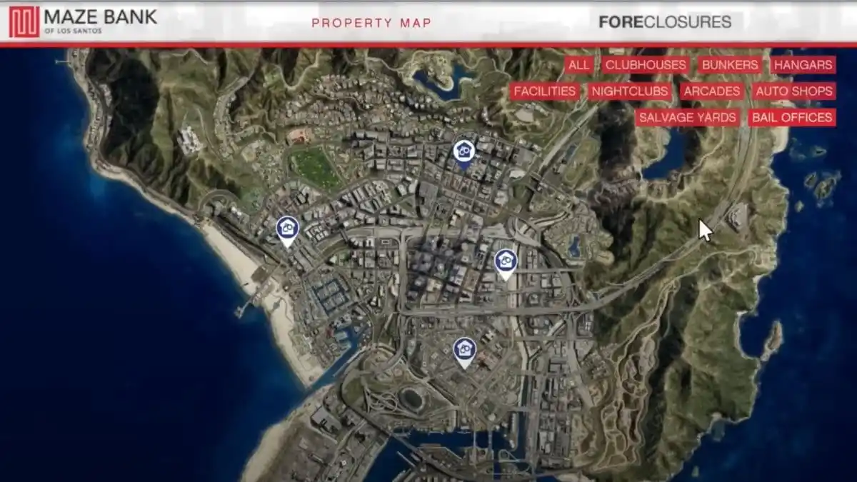 An image of the GTA Online map, that showcases four of the Bail Office locations that can be purchased.