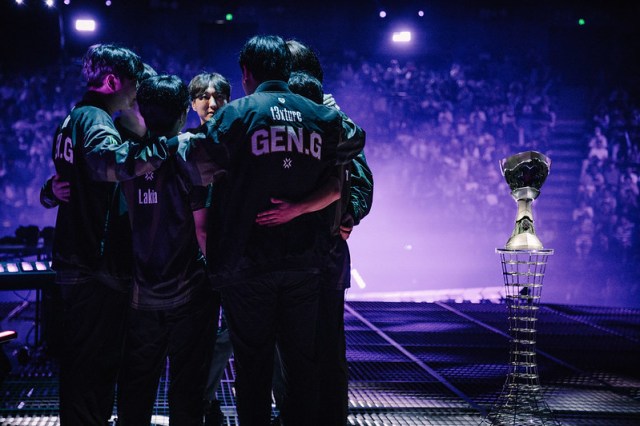 Gen.G Esports huddle on stage during the VALORANT Masters Shanghai Grand Finals at the Mercedes Benz Arena on June 09, 2024 in Shanghai, China.