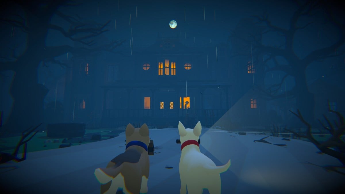 A screenshot from Haunted Paws, showing a brown-and-black puppy next to a white puppy holding a flashlight in his mouth.