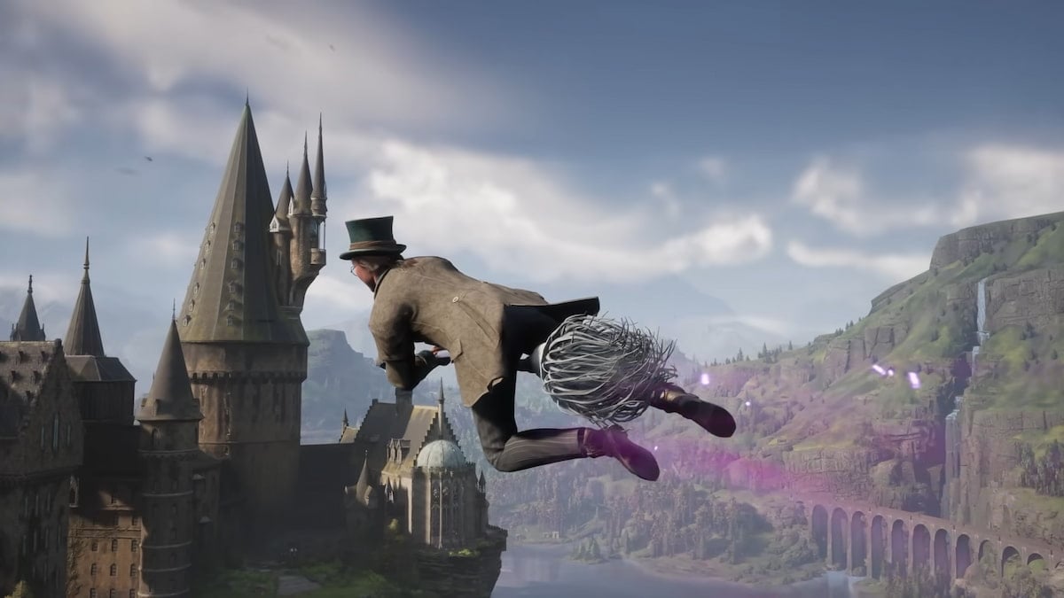 Hogwarts Legacy character flying on a broom with the Hogwarts castle in the background