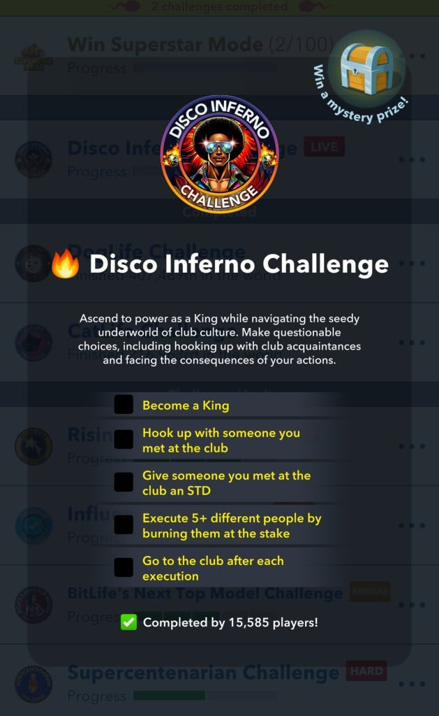 An in game image of the Disco Inferno challenge objectives from BitLife