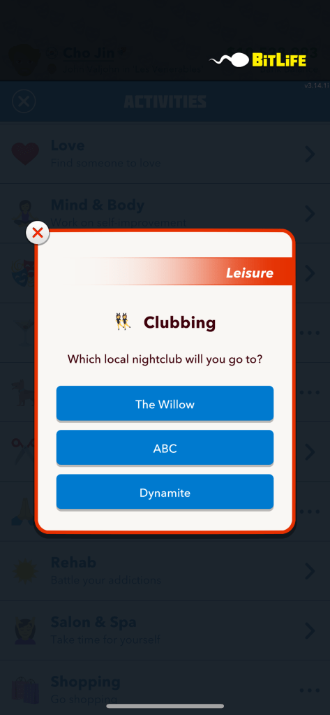 An image of the option to go clubbing from BitLife