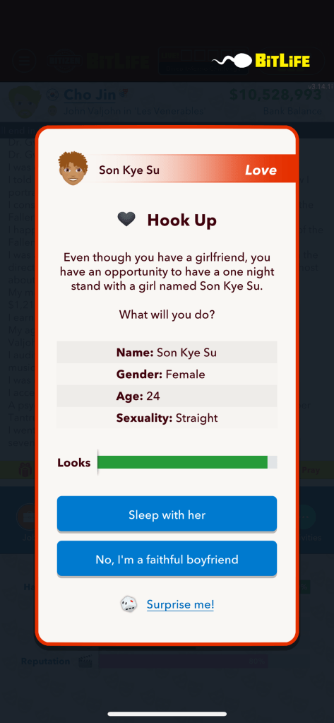 An in game image of the Hook Up option from BitLife