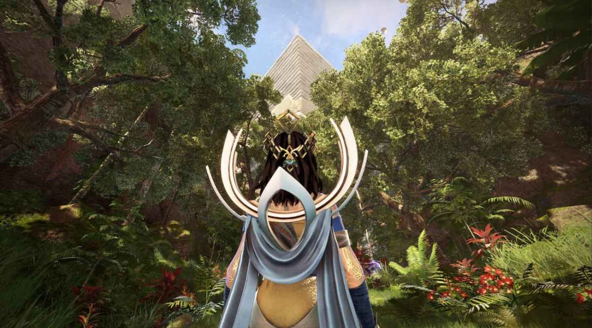 A screenshot from Islands of Insight showing a female character with gorgeous golden clothing staring up at trees